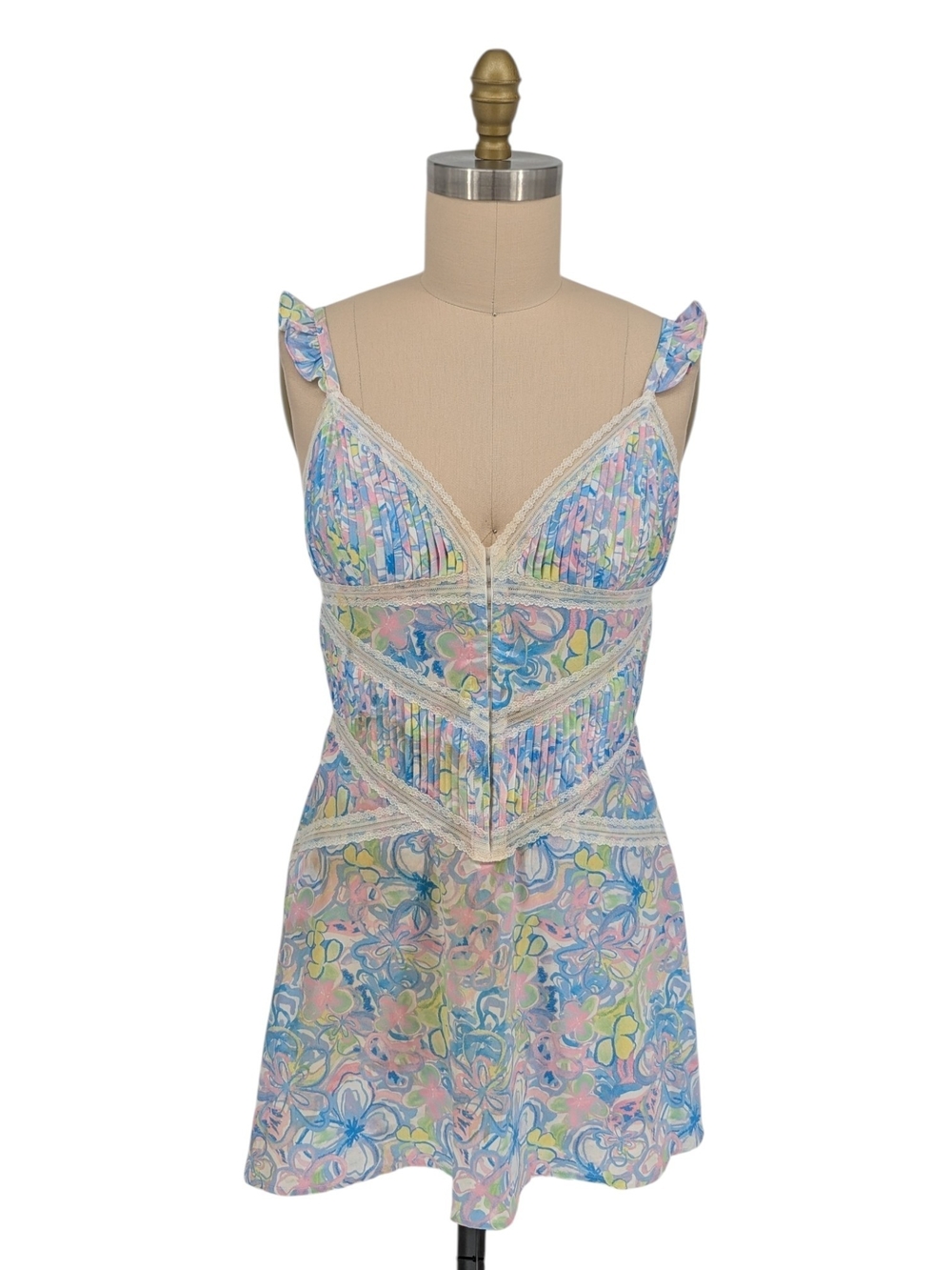 01509 For Love and Lemons Floral Lace Satin Dress Blue Pink size Large bohemian